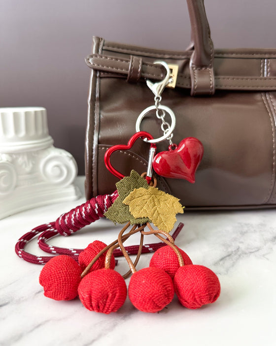 Cherry and Red Heart Bag Charm